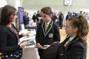 Further Education -  Encya Vitelli, from Colchester Institute, speaking with students Maximilian Latter and Jodie Carey in 2018.