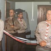 Launch - Opening of the scouts headquarters on September 12, 1987, Pictured : Heather Baldwin, Ron Talbot and Assistant Leaders Ian Jay and Roger Darnell