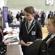 Further Education -  Encya Vitelli, from Colchester Institute, speaking with students Maximilian Latter and Jodie Carey in 2018.
