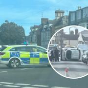 Incident - emergency services are on the scene as a car has flipped on its side in Clacton
