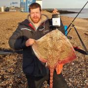 THORNBACK RAY: Mark Peters with his 11lb fish caught from the St Osyth beaches.