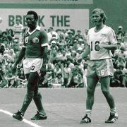 Close attention - Adrian Webster keeps tabs on Pele while playing for Seattle Sounders in the US