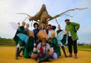 Adventure park - All the characters in front of dragon sculpture at Wyvernwood