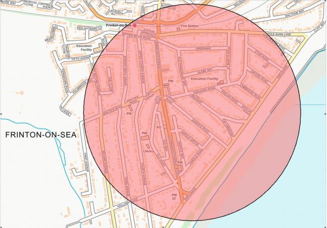 Map of where the dispersal order is in place in Frinton. Photo: Essex Police