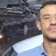 A collage showing Thorpe with the backdrop of the Range Rover smashing into an outbuilding
